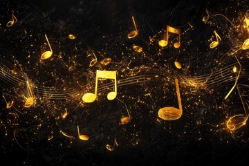Fototapete - Golden musical notes swirl through a dark background creating a captivating visual symphony of sound and light