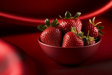 Aufkleber - Ripe red strawberries filling a bowl on red silk background