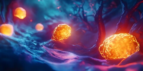 Poster - Abstract glowing orbs in a mystical surreal landscape with colors