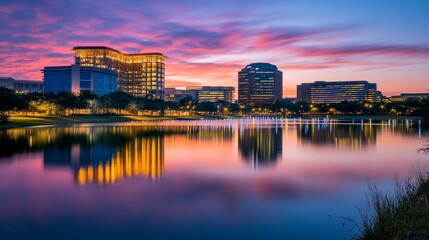 Wall Mural - serene twilight over a city skyline reflecting in a tranquil lake with vibrant color in the sky
