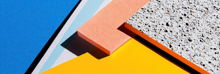 Poster - geometric composition of textured rectangles in blue, yellow, coral, and grey