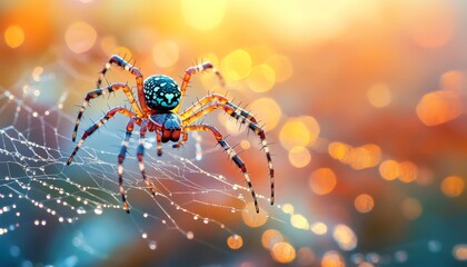 Colorful spider elegantly perched on its intricate web adorned with dew drops in morning light