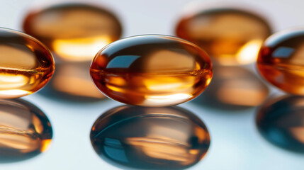 Poster - Close-up of shiny golden gel capsules reflecting on a surface