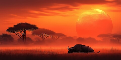 Wall Mural - Buffalo is walking through a field of tall grass