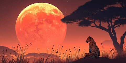 Wall Mural - Tiger is sitting in the grass next to a tree and a large red moon in the sky