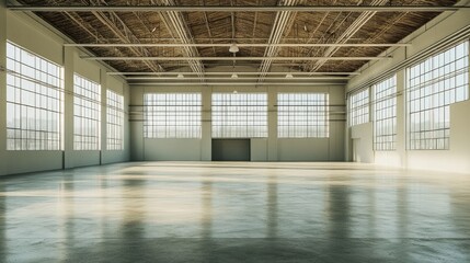 Fototapete - An empty warehouse setting with a minimalistic design, emphasizing vast open areas and high ceilings, perfect for creative studio or event space