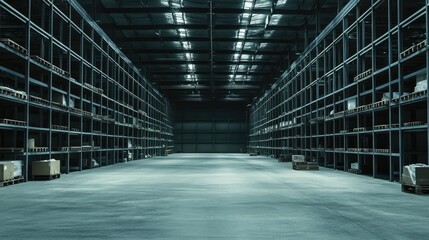 Fototapete - An empty warehouse with rows of unoccupied shelving and scattered industrial equipment, capturing the essence of abandoned space ready for transformation