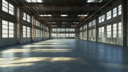 Fototapete - An expansive view of an empty warehouse interior, highlighting the high ceilings and concrete floors, perfect for showcasing industrial space potential