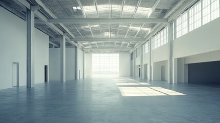 Fototapete - An empty warehouse setting with a minimalistic design, emphasizing vast open areas and high ceilings, perfect for creative studio or event space