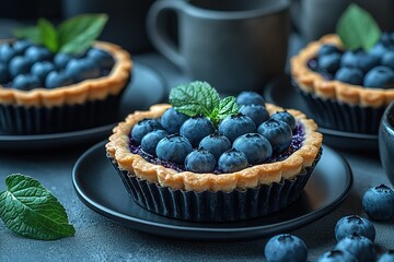 Wall Mural - Blueberry tarts on dark plates Delicate pastries filled with ripe blueberries topped with mint leaves