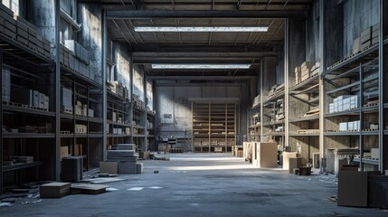 Fototapete - An empty warehouse with rows of unoccupied shelving and scattered industrial equipment, capturing the essence of abandoned space ready for transformation