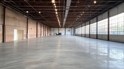 Fototapete - An expansive view of an empty warehouse interior, highlighting the high ceilings and concrete floors, perfect for showcasing industrial space potential