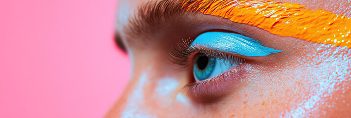 Canvas Print - Close-up of Eye with Blue Eyeshadow, Orange Paint, and Iridescent Accents