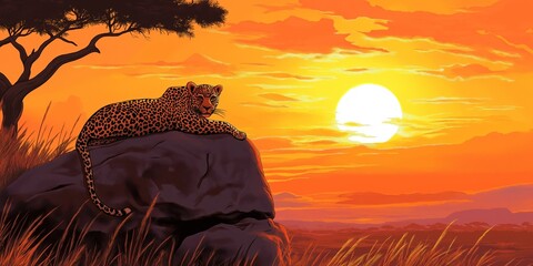 Wall Mural - Leopard is laying on a rock in front of a sunset