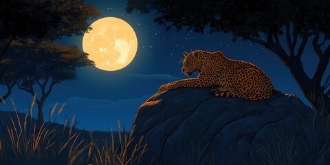 Wall Mural - Leopard is laying on a rock in front of a full moon