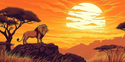 Wall Mural - Lion is standing on a rock in front of a sunset