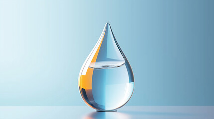 Poster - Big transparent drop with clear water reflecting golden light on blue background