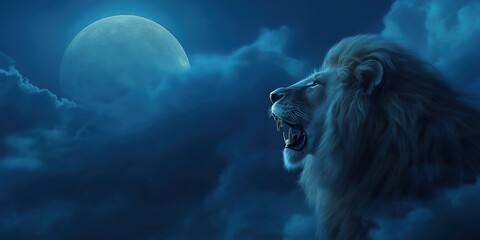 Wall Mural - Lion is roaring in the sky above a full moon