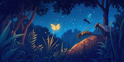 Wall Mural - Computer generated image of a forest at night with a butterfly and a dragonfly