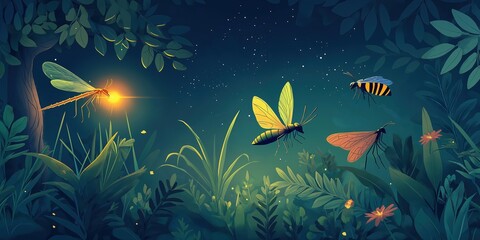 Wall Mural - Group of insects, including a dragonfly, a bee, and a butterfly