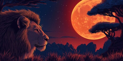 Wall Mural - Lion is standing in front of a large red moon