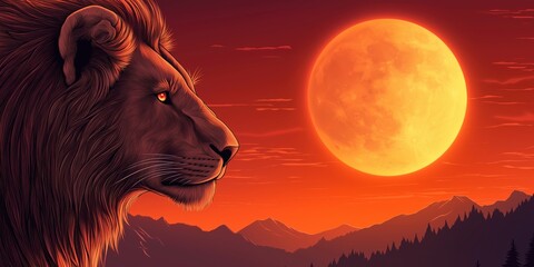 Wall Mural - Lion is staring at a large red moon in the sky
