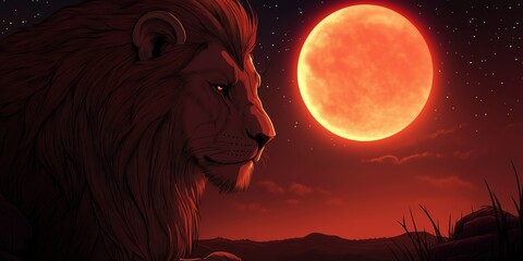 Wall Mural - Lion is looking at a red moon in the sky