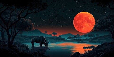 Wall Mural - Large red moon is in the sky above a river
