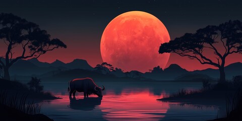Wall Mural - Large red moon is in the sky above a river