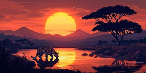 Wall Mural - Leopard is walking across a river in front of a sunset