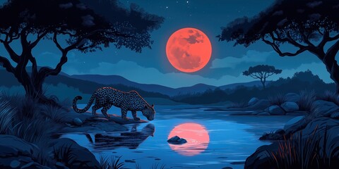 Wall Mural - Leopard is walking by a body of water with a full moon in the background