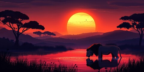 Wall Mural - Lion is drinking water in front of a sunset