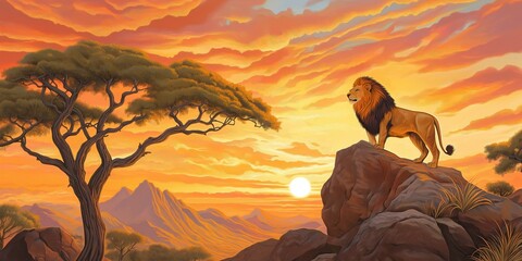 Wall Mural - Lion is standing on a rock in front of a tree