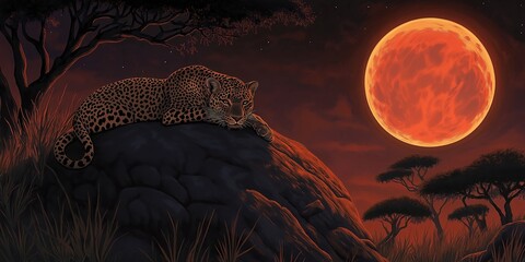 Wall Mural - Leopard is laying on a rock in front of a red moon