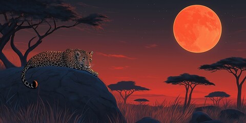 Wall Mural - Leopard is laying on a rock in front of a large red moon