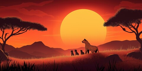 Wall Mural - Computer generated image of a sunset in Africa with a cheetah and its cubs
