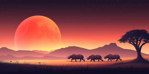 Wall Mural - Group of three rhinos are walking across a field in front of a large red moon