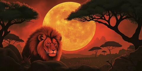 Wall Mural - Lion is laying in the grass in front of a large orange moon