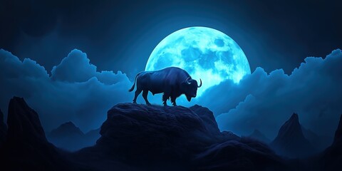 Wall Mural - Buffalo is standing on a rock in front of a large moon