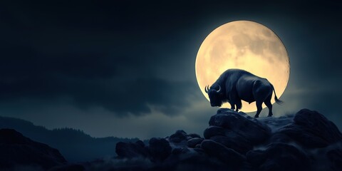 Wall Mural - Buffalo is standing in front of a full moon