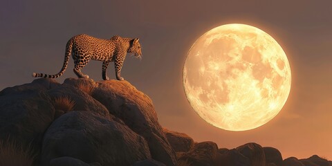 Wall Mural - Leopard is standing on a rock in front of a full moon