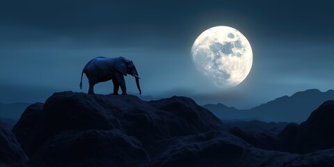 Wall Mural - Large elephant is standing on a rocky hillside in front of a large moon