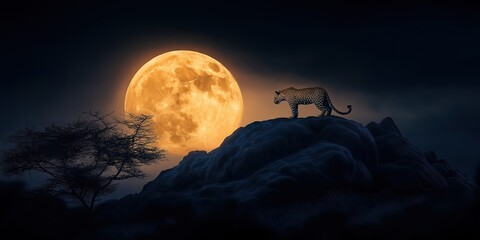 Wall Mural - Tiger is standing on a hill in front of a full moon