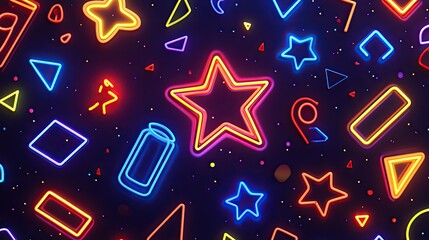 Poster - Neon-lit 3D objects over a bold 2D flat design background, blending styles for a high-energy visual.