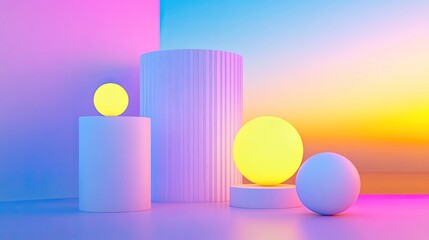 Poster - Neon-lit 3D objects over a bold 2D flat design background, blending styles for a high-energy visual.
