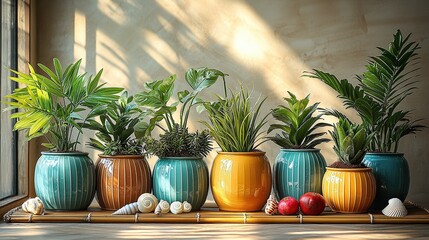 Wall Mural - Vibrant indoor plants in colorful ceramic pots with sunlit shadows on wooden shelf