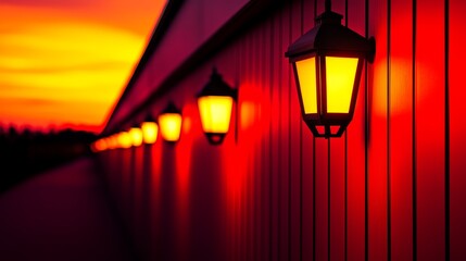 Wall Mural - warm sunset illuminating a pathway lined with glowing lanterns against a vibrant sky