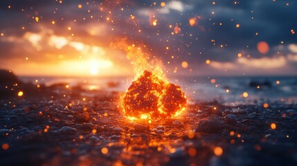 Poster - Fiery beach bonfire sunset sparks ocean