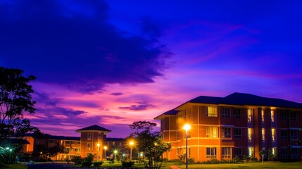 Wall Mural - vibrant sunset over residential buildings with illuminated pathways and lush greenery in the foregro