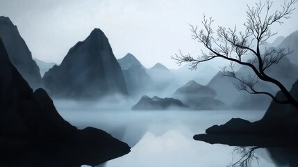 Wall Mural - Chinese ink painting of misty mountains and river